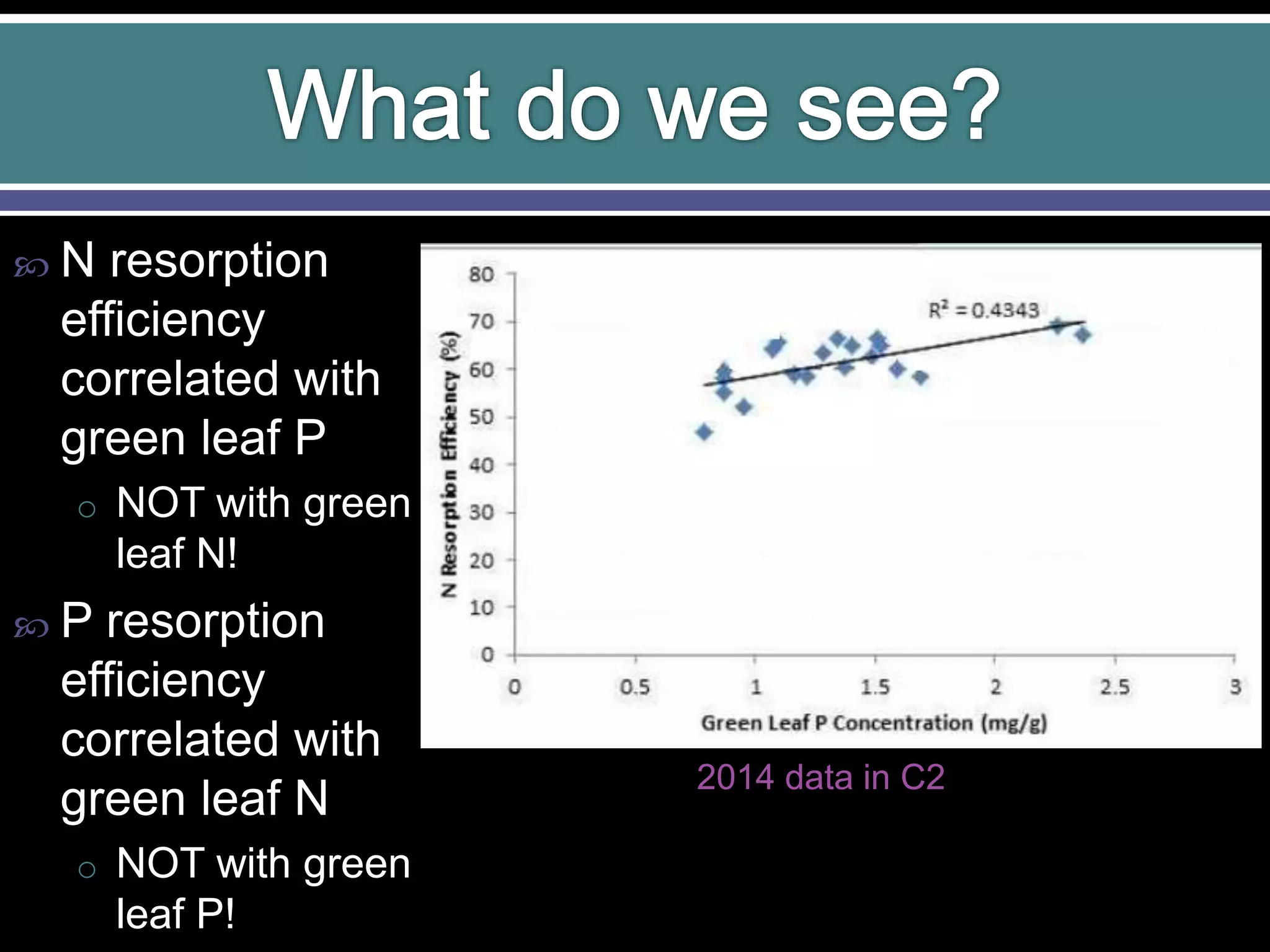  N resorption
efficiency
correlated with
green leaf P
o NOT with green
leaf N!
 P resorption
efficiency
correlated with
green leaf N
o NOT with green
leaf P!
2014 data in C2
 
