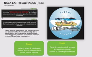 + NEX is virtual collaborative that brings scientists
and researchers together in a knowledge-based
social network and pro...