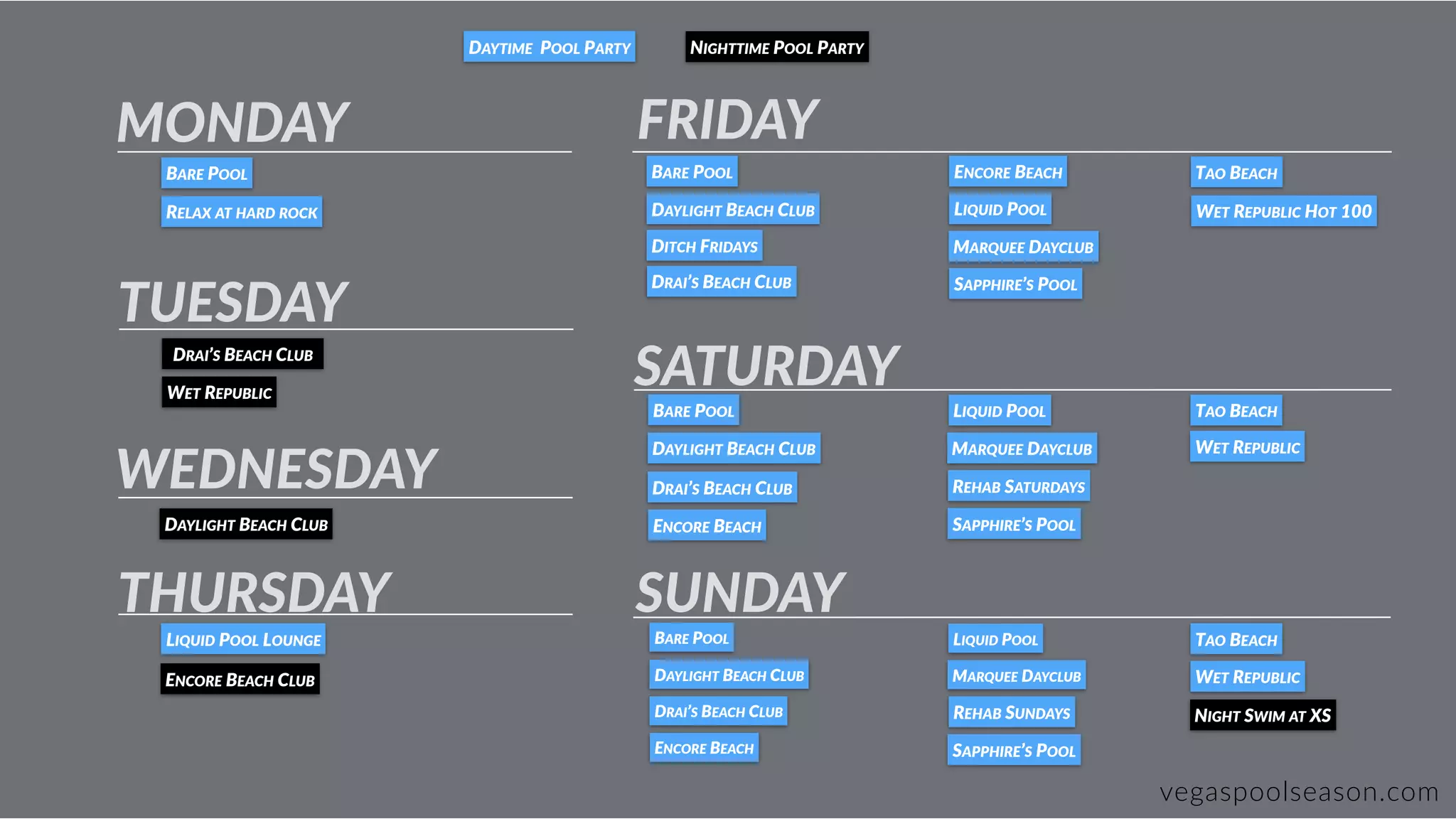 vegaspoolseason.com
TUESDAY
WEDNESDAY
THURSDAY
FRIDAY
SATURDAY
SUNDAY
MONDAY
BARE POOL
DRAI’S BEACH CLUB
LIQUID POOL LOUNGE
WET REPUBLIC
ENCORE BEACH CLUB
DAYLIGHT BEACH CLUB
BARE POOL
DRAI’S BEACH CLUB
ENCORE BEACH
LIQUID POOL
TAO BEACH
SAPPHIRE’S POOL
MARQUEE DAYCLUB
WET REPUBLIC HOT 100
DITCH FRIDAYS
BARE POOL LIQUID POOL TAO BEACH
MARQUEE DAYCLUB WET REPUBLIC
REHAB SATURDAYS
BARE POOL LIQUID POOL TAO BEACH
MARQUEE DAYCLUB WET REPUBLIC
REHAB SUNDAYS NIGHT SWIM AT XS
DAYTIME POOL PARTY NIGHTTIME POOL PARTY
DAYLIGHT BEACH CLUB SAPPHIRE’S POOL
DAYLIGHT BEACH CLUB
DRAI’S BEACH CLUB
ENCORE BEACH
RELAX AT HARD ROCK
DAYLIGHT BEACH CLUB
DRAI’S BEACH CLUB
ENCORE BEACH SAPPHIRE’S POOL
 