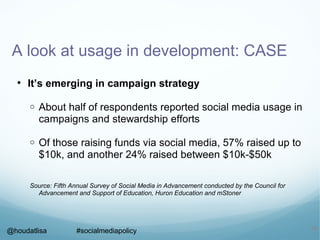 A look at usage in development: CASE
• It’s emerging in campaign strategy
o About half of respondents reported social medi...