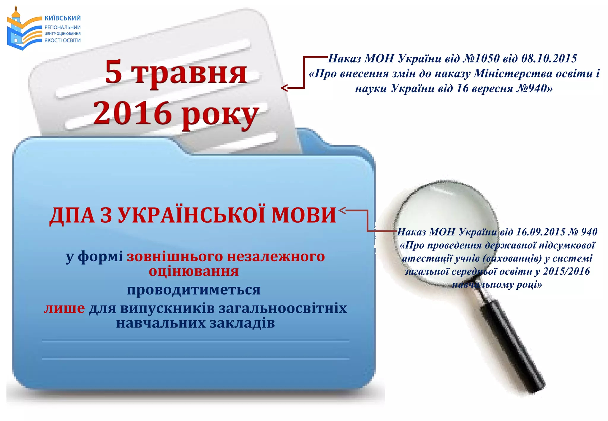 ДПА З УКРАЇНСЬКОЇ МОВИ
у формі зовнішнього незалежного
оцінювання
проводитиметься
лише для випускників загальноосвітніх
навчальних закладів
Наказ МОН України від 16.09.2015 № 940
«Про проведення державної підсумкової
атестації учнів (вихованців) у системі
загальної середньої освіти у 2015/2016
навчальному році»
Наказ МОН України від №1050 від 08.10.2015
«Про внесення змін до наказу Міністерства освіти і
науки України від 16 вересня №940»
 