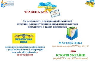 або
Як результати державної підсумкової
атестації для випускників шкіл зараховуються
результати з таких предметів:
 