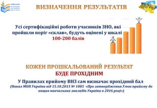 У Правилах прийому ВНЗ сам визначає прохідний бал
(Наказ МОН України від 15.10.2015 № 1085 «Про затвердження Умов прийому до
вищих навчальних закладів України в 2016 році»)
Усі сертифікаційні роботи учасників ЗНО, які
пройшли поріг «склав», будуть оцінені у шкалі
100-200 балів
 