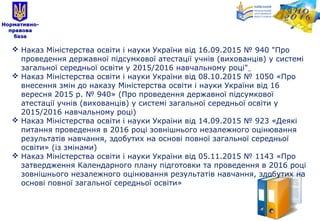  Наказ Міністерства освіти і науки України від 16.09.2015 № 940 "Про
проведення державної підсумкової атестації учнів (вихованців) у системі
загальної середньої освіти у 2015/2016 навчальному році"
 Наказ Міністерства освіти і науки України від 08.10.2015 № 1050 «Про
внесення змін до наказу Міністерства освіти і науки України від 16
вересня 2015 р. № 940» (Про проведення державної підсумкової
атестації учнів (вихованців) у системі загальної середньої освіти у
2015/2016 навчальному році)
 Наказ Міністерства освіти і науки України від 14.09.2015 № 923 «Деякі
питання проведення в 2016 році зовнішнього незалежного оцінювання
результатів навчання, здобутих на основі повної загальної середньої
освіти» (із змінами)
 Наказ Міністерства освіти і науки України від 05.11.2015 № 1143 «Про
затвердження Календарного плану підготовки та проведення в 2016 році
зовнішнього незалежного оцінювання результатів навчання, здобутих на
основі повної загальної середньої освіти»
 
