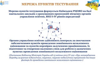Мережа пунктів тестування формується Київським РЦОЯО на базі
навчальних закладів з урахуванням пропозицій місцевих органів
управління освітою, ВНЗ І-ІV рівнів акредитації
Органи управління освітою здійснюють контроль за своєчасним
забезпеченням пунктів проведення зовнішнього незалежного
оцінювання та пунктів перевірки залученими працівниками, їх
підготовки та створення належних умов для роботи в зазначених
пунктах проведення зовнішнього незалежного оцінювання
(Постанова Кабінету Міністрів України від 15 квітня 2015 № 222 «Про затвердження
Порядку залучення педагогічних, наукових, науково-педагогічних працівників та інших
фахівців до проведення зовнішнього незалежного оцінювання»)
 