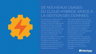 DE NOUVEAUX USAGES
DU CLOUD HYBRIDE GRÂCE À
LA GESTION DES DONNÉES
Il ne fait aucun doute que le
cloud hybride progresse.
D'après une étude réalisée par
le cabinet d'analyse Sandler
Research, le marché devrait
croître de 29,22 % par an entre
2014 et 2019. Cela signifie un
nouveau challenge pour les
services IT. Ils devront
apprendre à gérer de nouveaux
groupes d'utilisateurs tous
impatients de créer de
nouveaux environnements IT
flexibles et réactifs, et pour qui
le cloud public est un moyen
d'atteindre cet objectif.
Avec cette approche du cloud
hybride, la gestion des données
doit être fluide sur l'ensemble
des ressources. Il est essentiel
pour les services IT d'avoir la
possibilité de compléter le
cloud privé par une stratégie de
cloud public. Et ce, sans
introduire de risques
supplémentaires, sans ajouter
de complexité aux politiques et
sans perdre le contrôle sur les
données de l'entreprise. De ce
fait, l'administrateur du
stockage va voir son rôle
changer.
 