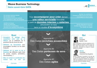 21
Vous accompagner pour créer demain
une valeur servicielle innovante
à partir de données internes ou externes
(structurées ou non)
dans un modèle d’écosystème
Identifier les accélérateurs
Concevoir la plate forme et les process
Accompagner la mise en place
De nouveaux Business Models
De nouveaux services
Des évolutions de services existants
Pour augmenter la valeur de l’entreprise
Rendre disponible les données
Qu’elles soient internes ou externes
Pour faciliter les usages
Identifier les briques
Spotter les partenaires
Co construire un écosystème
Structurer une roadmap d’internalisation
Approche #1
Des Datas enrichies accessibles
Approche #2
Des Datas porteuses de sens
Approche #3
Des Datas agiles
• Conception et pilotage d’une
compétition entre start up et
éditeurs sur la prédiction de la
prochaine liste de course du client
• Définition de l’écosystème pour
accompagner Carrefour sur les sujets
Prédictifs
• Définition de la vision et de la
Roadmap des différents sujets (liste
de course, coupons, promotions,
merchandising …)
• Mise en contact et coordination des
travaux avec les start ups
Quoi Qui
Julien
Consultant
Supinfo + Essec
Julien a développé un socle de compétence sur le
MDM complété par plusieurs missions avec une
forte valeur Data Science. Cela lui permet de
comprendre intimement les enjeux et travaux
réalisés par le Datalab.
Exemples Exemples
Nicolas
Consultant
Université Paris Dauphine
Nicolas a découvert l’innovation et les start ups
au technocentre d’Orange et chez Microsoft. Il
apporte au programme Prédictif une capacité à
créer des écosystèmes autour de la Data mixant
expertises, start ups et équipes internes.
Notre savoir-faire DATA
Weave Business Technology
 