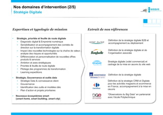 • Stratégie, priorités et feuille de route digitale
• Diagnostic digital & Empreinte numérique
• Sensibilisation et accompagnement des comités de
direction sur la transformation digitale
• Impact des nouvelles technologies sur la chaîne de valeur ;
analyse des risques et opportunités
• Différenciation et personnalisation de nouvelles offres
produits & services
• Ambition et axes stratégiques
• Priorités & feuille de route digitale
• Pilotage des programmes de transformation
• Learning expeditions
• Stratégie, Gouvernance et outils data
• Stratégie Data & connaissance client
• Gouvernance
• Identification des outils et modèles clés
• Plan d’action et projets prioritaires
• Nouveaux écosystèmes smart
(smart home, smart building, smart city)
Expertises et typologie de mission Extrait de nos références
Définition de la stratégie digitale B2B et
accompagnement au déploiement
Stratégie Digitale
Définition de la stratégie digitale et de
l’organisation associée
Définition de la stratégie digitale
Définition de la stratégie CRM et Digitale
pour les activités magasins et ecommerce
en France, accompagnement à la mise en
oeuvre
“Observatoire du Big Data” en partenariat
avec l’école Polytechnique
Stratégie digitale (volet commercial) et
cadrage de la mise en œuvre du site web
Nos domaines d’intervention (2/5)
 