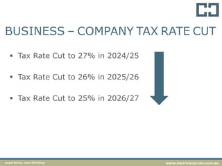 BUSINESS – COMPANY TAX RATE CUT
 Tax Rate Cut to 27% in 2024/25
 Tax Rate Cut to 26% in 2025/26
 Tax Rate Cut to 25% in 2026/27
experience. new thinking www.hanrickcurran.com.au
 