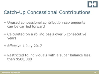 39experience. new thinking
Catch-Up Concessional Contributions
 Unused concessional contribution cap amounts
can be carried forward
 Calculated on a rolling basis over 5 consecutive
years
 Effective 1 July 2017
 Restricted to individuals with a super balance less
than $500,000
 