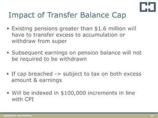 46experience. new thinking
 Subsequent earnings on pension balance will not
be required to be withdrawn
 If cap breached -> subject to tax on both excess
amount & earnings
 Existing pensions greater than $1.6 million will
have to transfer excess to accumulation or
withdraw from super
 Will be indexed in $100,000 increments in line
with CPI
Impact of Transfer Balance Cap
 