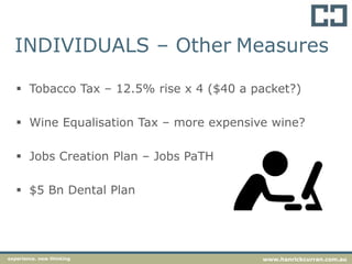 INDIVIDUALS – Other Measures
 Tobacco Tax – 12.5% rise x 4 ($40 a packet?)
 Wine Equalisation Tax – more expensive wine?
 Jobs Creation Plan – Jobs PaTH
 $5 Bn Dental Plan
experience. new thinking www.hanrickcurran.com.au
 