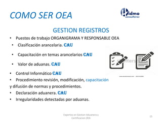 COMO SER OEA
GESTION REGISTROS
• Puestos de trabajo ORGANIGRAMA Y RESPONSABLE OEA
• Clasificación arancelaria. CAU
• Capacitación en temas arancelarios CAU
• Valor de aduanas. CAU
• Control Informático CAU
• Procedimiento revisión, modificación, capacitación
y difusión de normas y procedimientos.
• Declaración aduanera. CAU
• Irregularidades detectadas por aduanas.
Expertos en Gestion Aduanera y
Certificacion OEA
15
 