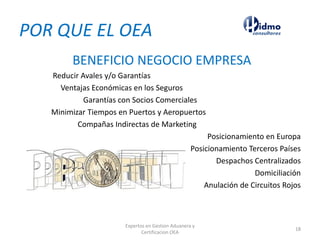 BENEFICIO NEGOCIO EMPRESA
Reducir Avales y/o Garantías
Ventajas Económicas en los Seguros
Garantías con Socios Comerciales
Minimizar Tiempos en Puertos y Aeropuertos
Compañas Indirectas de Marketing
Posicionamiento en Europa
Posicionamiento Terceros Países
Despachos Centralizados
Domiciliación
Anulación de Circuitos Rojos
POR QUE EL OEA
Expertos en Gestion Aduanera y
Certificacion OEA
18
 