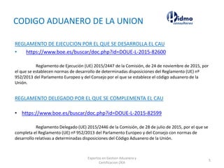 CODIGO ADUANERO DE LA UNION
REGLAMENTO DE EJECUCION POR EL QUE SE DESARROLLA EL CAU
• https://www.boe.es/buscar/doc.php?id=DOUE-L-2015-82600
Reglamento de Ejecución (UE) 2015/2447 de la Comisión, de 24 de noviembre de 2015, por
el que se establecen normas de desarrollo de determinadas disposiciones del Reglamento (UE) nº
952/2013 del Parlamento Europeo y del Consejo por el que se establece el código aduanero de la
Unión.
REGLAMENTO DELEGADO POR EL QUE SE COMPLEMENTA EL CAU
• https://www.boe.es/buscar/doc.php?id=DOUE-L-2015-82599
Reglamento Delegado (UE) 2015/2446 de la Comisión, de 28 de julio de 2015, por el que se
completa el Reglamento (UE) nº 952/2013 del Parlamento Europeo y del Consejo con normas de
desarrollo relativas a determinadas disposiciones del Código Aduanero de la Unión.
Expertos en Gestion Aduanera y
Certificacion OEA
5
 