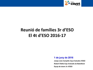 Reunió de famílies 3r d’ESO
El 4t d’ESO 2016-17
1 de juny de 2016
Josep Lluís Campillo Cap d’estudis d’ESO
Robert Vilella Cap d’estudis de Batxillerat
Equip de tutors 3r d’ESO
 
