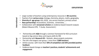 • Large number of teachers using contemporary resources in 80 countries
• Teachers from various areas: biology, chemistry, physics, maths, geography,
• Diversity of age-group: KS3, GCSE, pre-service teachers, primary school
• New partnerships: Associations, Scientists, Universities, …
• Collaboration with renowned scholars on evidence-based research outputs
(Robert Mazano CPD, T. Gusky Assessment )
• Partnership with AQA through a common framework for KS3 curriculum
based on big science ideas and inquiry skills for RRI
• Partnership with Research ED – festivals about projects outcomes
• The UK is the largest user-group ( more than 7,000 teachers)
• Online courses with more than 50% of completion and 33% provided positive
feedback
• Evidence-based change on teachers’ practices, students’ achievements and
engagement
EXPLOITATION
InternationalNational
 