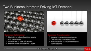 21 © 2016 Wind River. All Rights Reserved.
Two Business Interests Driving IoT Demand
Business Optimization
 Maximizing value of existing assets
and investments
 Introduction of new efficiencies
 Positive shifts in OpEx and CapEx
Business Transformation
 Access to new revenue streams
 Transitioning business models
 Positive shifts in value creation and
value capture
 