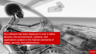 6 © 2016 Wind River. All Rights Reserved.
Our software has been deployed in over 2 billion
devices; into environments, systems, and
applications subject to the highest standards of
safety, security, and performance.
Read one line of the slide, it will auto
advance:
 