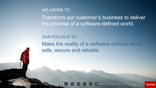 © 2016 Wind River. All Rights Reserved.
An Intel Company
Make the reality of a software-defined world
safe, secure and reliable.
Transform our customer’s business to deliver
the promise of a software-defined world.
WE ASPIRE TO . . .
OUR FOCUS IS TO . . .
9
 