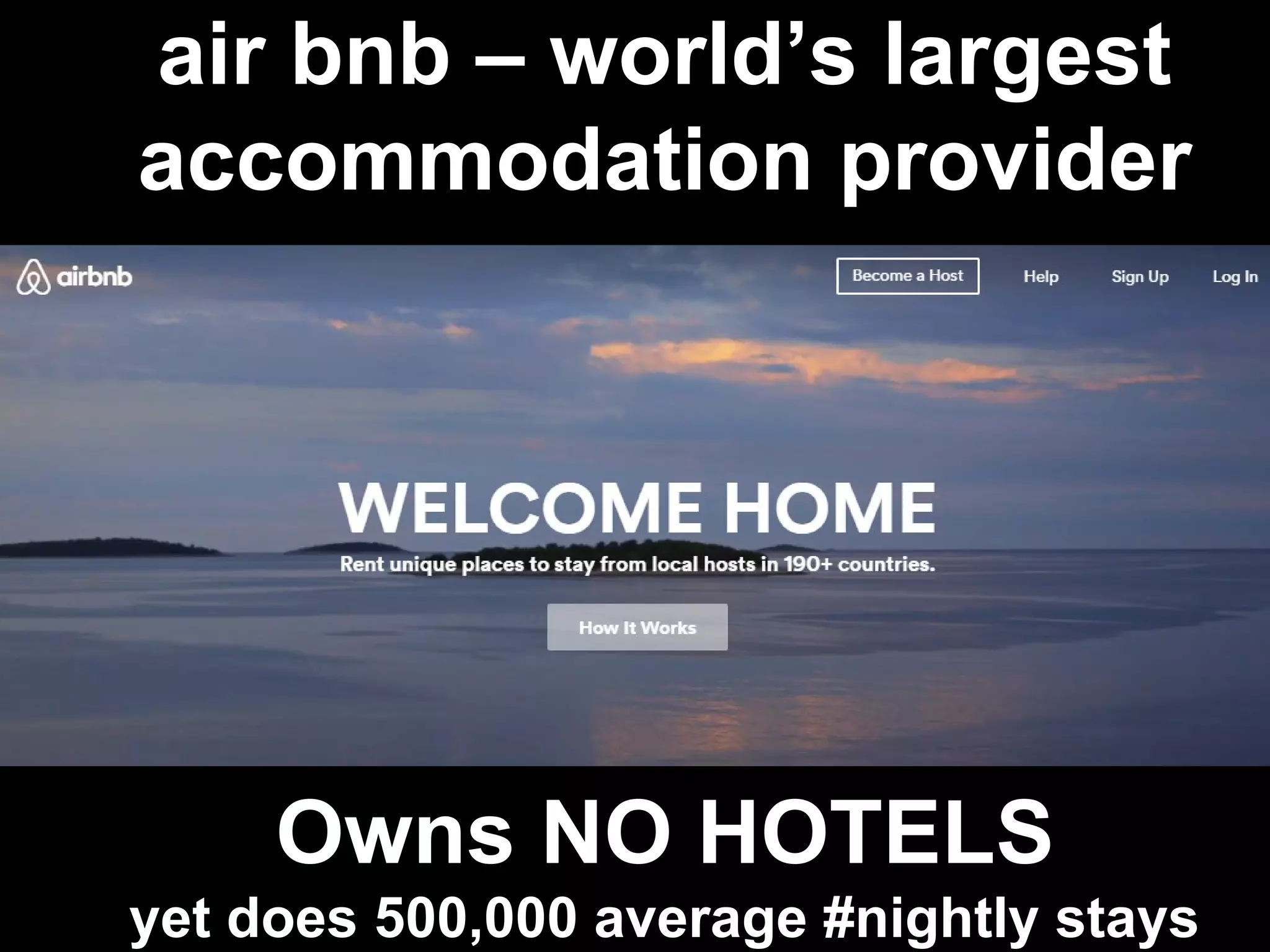 air bnb – world’s largest
accommodation provider
Owns NO HOTELS
yet does 500,000 average #nightly stays
 