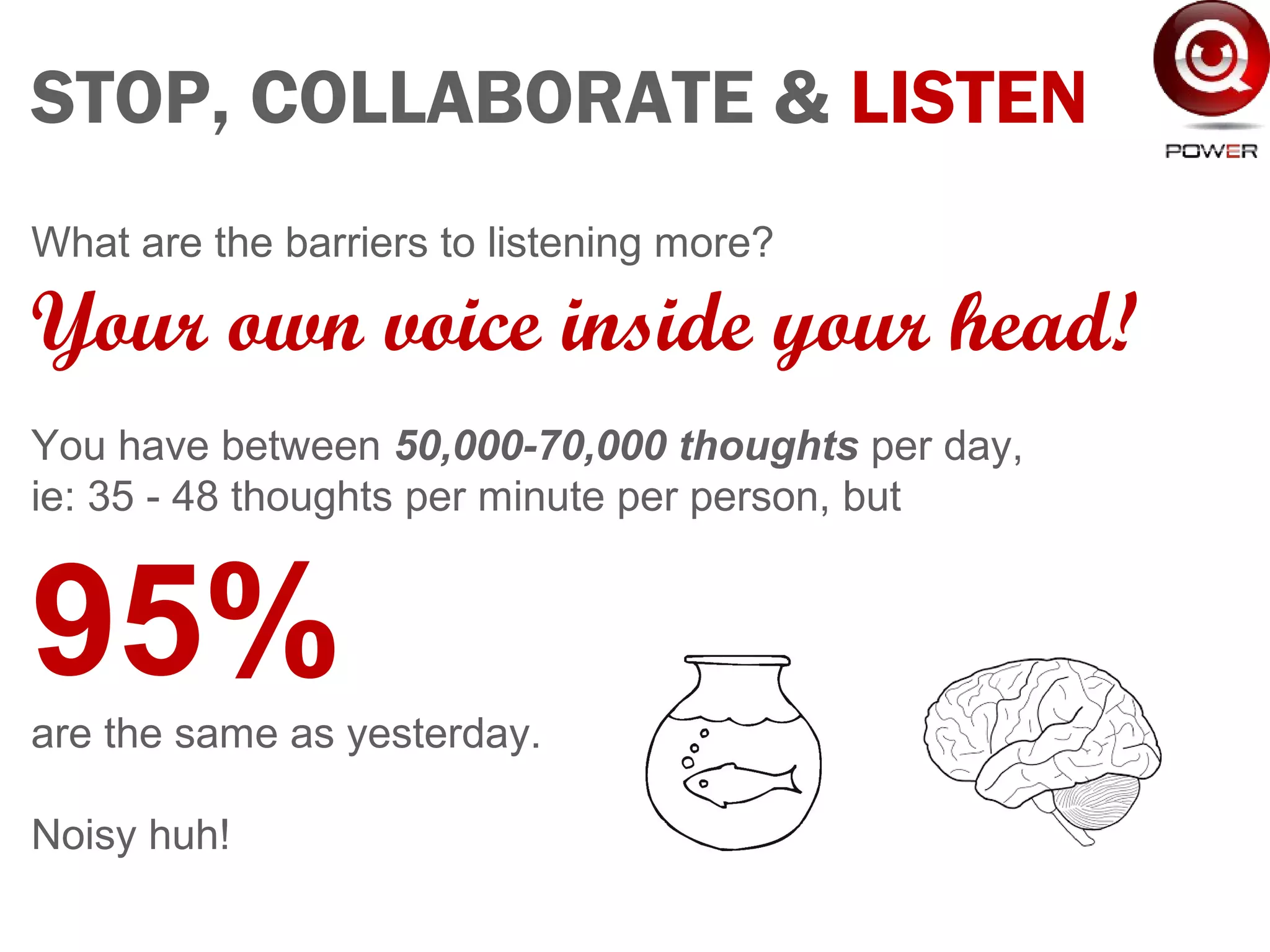 STOP, COLLABORATE & LISTEN
What are the barriers to listening more?
Your own voice inside your head!
You have between 50,000-70,000 thoughts per day,
ie: 35 - 48 thoughts per minute per person, but
95%are the same as yesterday.
Noisy huh!
 