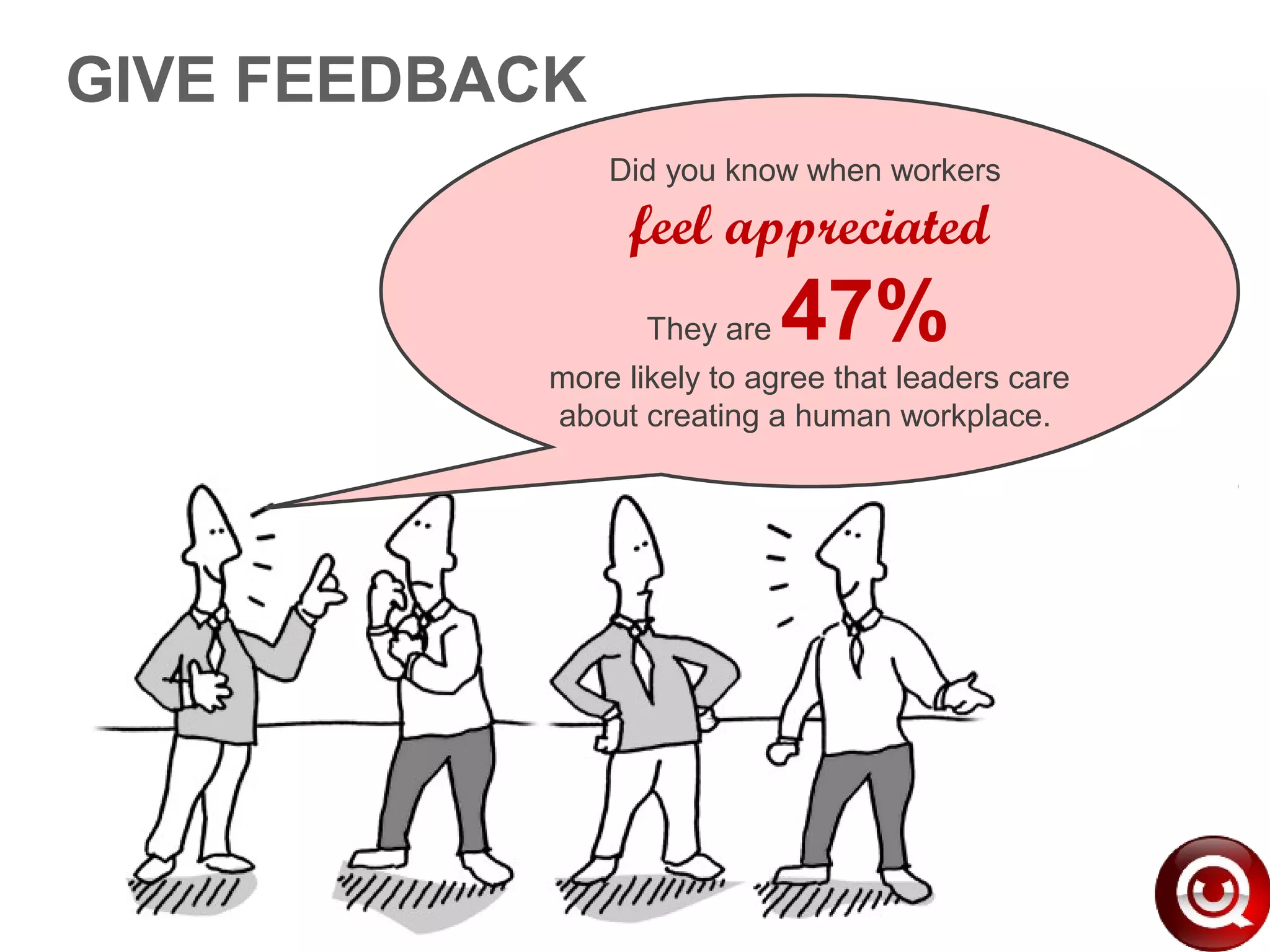 GIVE FEEDBACK
Did you know when workers
feel appreciated
They are 47%
more likely to agree that leaders care
about creating a human workplace.
 