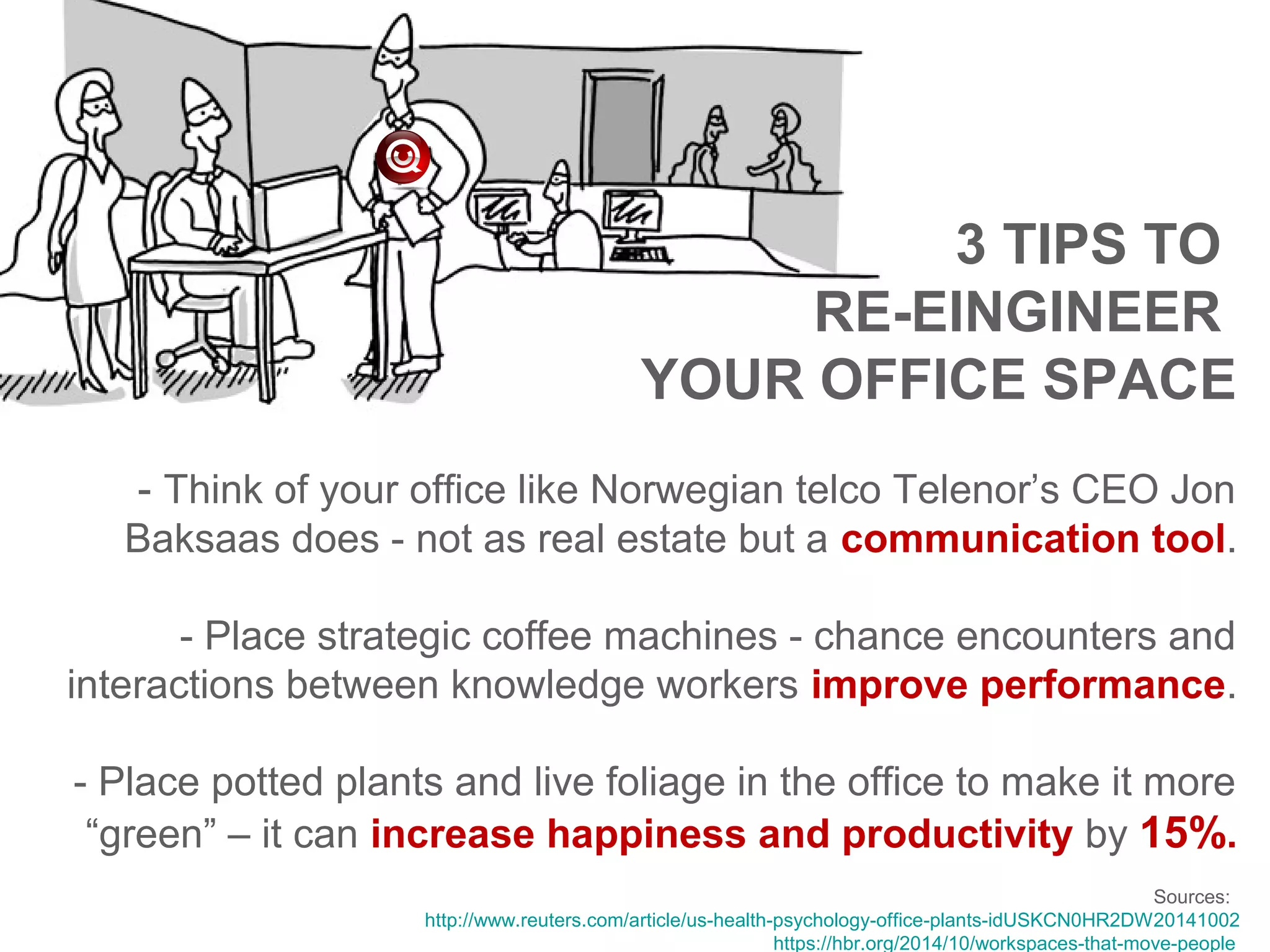 3 TIPS TO
RE-EINGINEER
YOUR OFFICE SPACE
- Think of your office like Norwegian telco Telenor’s CEO Jon
Baksaas does - not as real estate but a communication tool.
- Place strategic coffee machines - chance encounters and
interactions between knowledge workers improve performance.
- Place potted plants and live foliage in the office to make it more
“green” – it can increase happiness and productivity by 15%.
Sources:
http://www.reuters.com/article/us-health-psychology-office-plants-idUSKCN0HR2DW20141002
https://hbr.org/2014/10/workspaces-that-move-people
 
