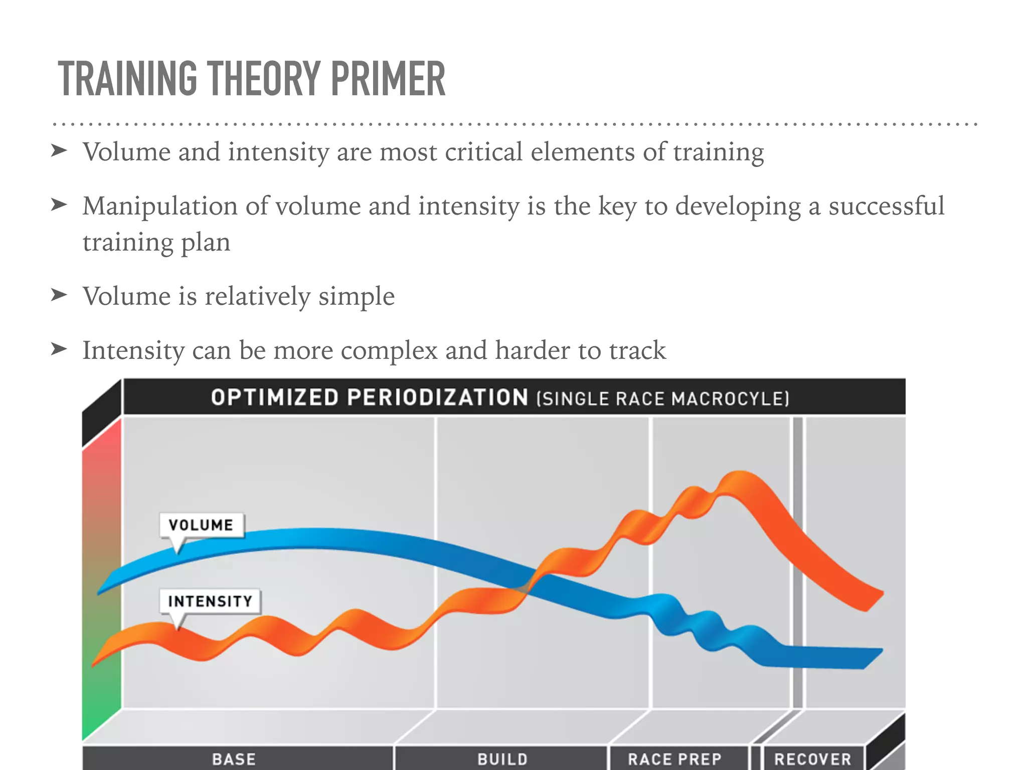 TRAINING THEORY PRIMER
➤ Volume and intensity are most critical elements of training
➤ Manipulation of volume and intensity is the key to developing a successful
training plan
➤ Volume is relatively simple
➤ Intensity can be more complex and harder to track
 