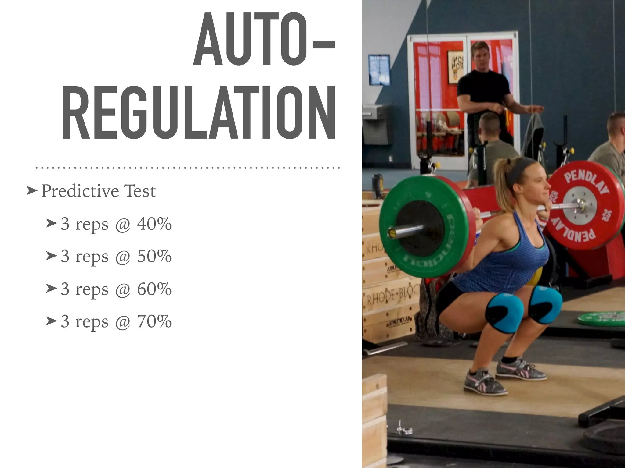 AUTO-
REGULATION
➤ Predictive Test
➤ 3 reps @ 40%
➤ 3 reps @ 50%
➤ 3 reps @ 60%
➤ 3 reps @ 70%
 