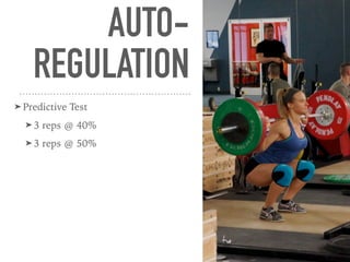 AUTO-
REGULATION
➤ Predictive Test
➤ 3 reps @ 40%
➤ 3 reps @ 50%
 