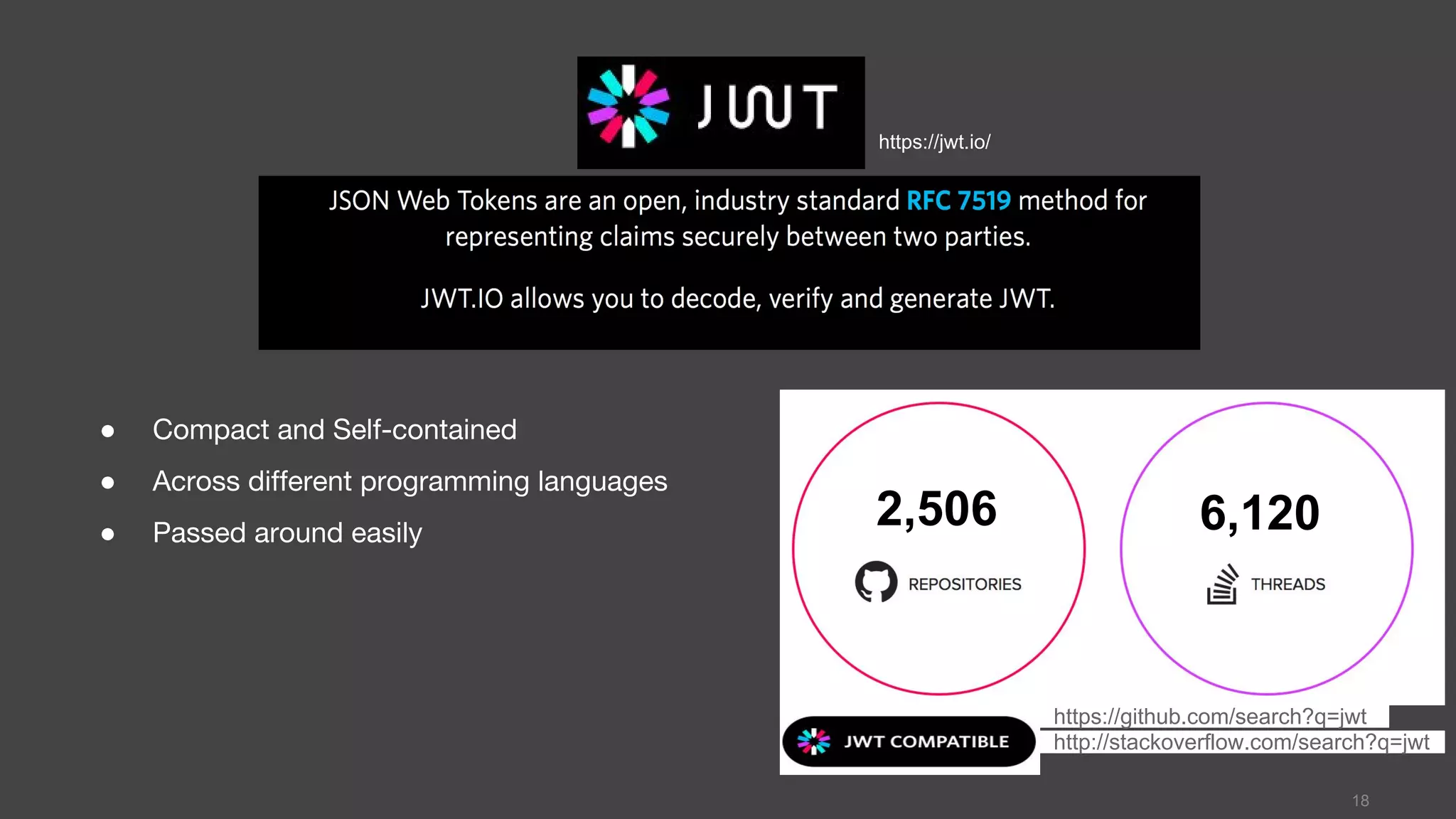 18
https://jwt.io/
2,506 6,120
https://github.com/search?q=jwt
http://stackoverflow.com/search?q=jwt
● Compact and Self-contained
● Across different programming languages
● Passed around easily
 