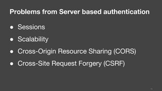 Problems from Server based authentication
● Sessions
● Scalability
● Cross-Origin Resource Sharing (CORS)
● Cross-Site Request Forgery (CSRF)
15
 