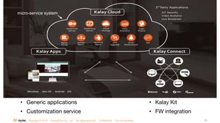 Copyright © 2016 ThroughTek Co., Ltd. All rights reserved. Confidential. Do not distribute. 33
• Generic applications
• Customization service
• Kalay Kit
• FW integration
micro-service system
 