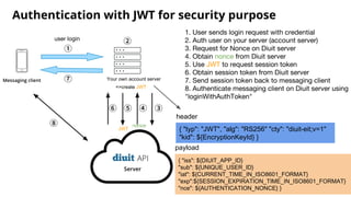 Authentication with JWT for security purpose
1. User sends login request with credential
2. Auth user on your server (account server)
3. Request for Nonce on Diuit server
4. Obtain nonce from Diuit server
5. Use JWT to request session token
6. Obtain session token from Diuit server
7. Send session token back to messaging client
8. Authenticate messaging client on Diuit server using
"loginWithAuthToken"
JWT
Your own account server
user login
nonce
=>create JWT
{ "typ": "JWT", "alg": "RS256" "cty": "diuit-eit;v=1"
"kid": ${EncryptionKeyId} }
header
{ "iss": ${DIUIT_APP_ID}
"sub": ${UNIQUE_USER_ID}
"iat": ${CURRENT_TIME_IN_ISO8601_FORMAT}
"exp":${SESSION_EXPIRATION_TIME_IN_ISO8601_FORMAT}
"nce": ${AUTHENTICATION_NONCE} }
payload
 