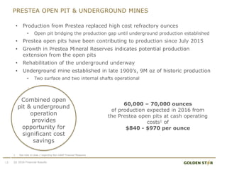 • Production from Prestea replaced high cost refractory ounces
• Open pit bridging the production gap until underground production established
• Prestea open pits have been contributing to production since July 2015
• Growth in Prestea Mineral Reserves indicates potential production
extension from the open pits
• Rehabilitation of the underground underway
• Underground mine established in late 1900’s, 9M oz of historic production
• Two surface and two internal shafts operational
12
PRESTEA OPEN PIT & UNDERGROUND MINES
Q1 2016 Financial Results
Combined open
pit & underground
operation
provides
opportunity for
significant cost
savings
60,000 – 70,000 ounces
of production expected in 2016 from
the Prestea open pits at cash operating
costs1 of
$840 - $970 per ounce
1. See note on slide 2 regarding Non-GAAP Financial Measures
 