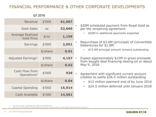 FINANCIAL PERFORMANCE & OTHER CORPORATE DEVELOPMENTS
4
• $20M scheduled payment from Royal Gold as
per the streaming agreement
• $50M in additional payments expected
• Repurchase of $3.6M (principal) of Convertible
Debentures for $1.8M
• $73.9M principal amount remains outstanding
• Expect approximately $15M in gross proceeds
from bought deal financing closing on or about
May 9, 2016
• Agreement with significant current account
creditor to settle $36.5 million outstanding
• $12 million payment end of by June 2016
• $24.5 million deferred until January 2018
1. See note on slide 2 regarding Non-GAAP Financial Measures
2. Equal to Cash provided by operations before changes in working capital, a Non-GAAP financial measure, see slide 2
Q1 2016 Financial Results
Revenue $'000 61,067
Gold Sales oz 52,669
Average Realized
Gold Price
$/oz 1,159
Earnings $’000 2,051
$/share 0.01
Adjusted Earnings1 $’000 4,157
$/share 0.02
Cash Flow from
Operations2 $'000 928
$/share 0.04
Capital Spending $'000 15,914
Cash Available $'000 14,561
Q1 2016
 