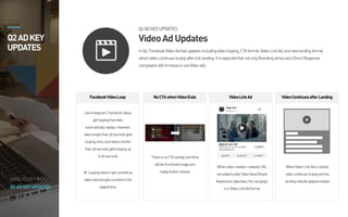 FASTER&EASIER
Create
Campaign
Fastwith
Multiple
Creative&
AdSet
BulkAdvertCreation
One-click AdSet
Segmentation
Audience Exportfrom
Previous Campaigns
VideoAdUpdates
InQ2,Facebook VideoAdhadupdates includingvideo looping, CTAformat,VideoLinkAd,andnewlandingformat
whichvideo continuestoplayafterlinklanding.ItisexpectedthatnotonlyBrandingadbutalsoDirectResponse
campaignswillincreasetouseVideoads.
FacebookVideoLoop NoCTAwhenVideoEnds VideoLinkAd VideoContinuesafterLanding
LikeInstagram,Facebookvideos
getloopingthatvideo
automaticallyreplays.However,
videolongerthan30secondsgets
loopingonce,andvideosshorter
than30secondsgetsloopingup
to90seconds
※ Loopingdoesn’tgetcountedas
videoviewbutgetscountedinthe
playedtime
ThereisnoCTAoverlay,butthere
willbethumbnailimageand
replaybuttoninstead
Whenvideocreative+websiteURL
areaddedunderVideoView/Brand
Awarenessobjectives,thecampaign
isinVideoLinkAdformat
WhenVideoLinkAdisclicked,
videocontinuestoplayandthe
landingwebsiteappearsbelow
Q2ADKEYUPDATES
Q2ADKEYUPDATES
Q1/Q2ADKEYINDEX
Q2ADKEY
UPDATES
 