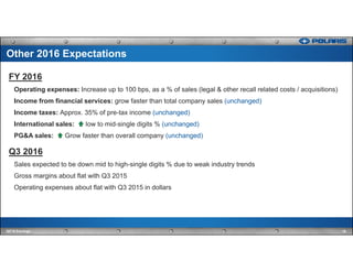 16Q2'16 Earnings
FY 2016
Operating expenses: Increase up to 100 bps, as a % of sales (legal & other recall related costs / acquisitions)
Income from financial services: grow faster than total company sales (unchanged)
Income taxes: Approx. 35% of pre-tax income (unchanged)
International sales: low to mid-single digits % (unchanged)
PG&A sales: Grow faster than overall company (unchanged)
Q3 2016
Sales expected to be down mid to high-single digits % due to weak industry trends
Gross margins about flat with Q3 2015
Operating expenses about flat with Q3 2015 in dollars
Other 2016 Expectations
 