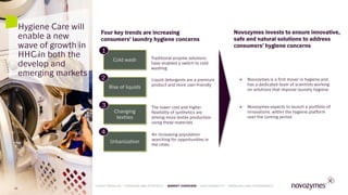 Traditional enzyme solutions
have enabled a switch to cold
washing
 Novozymes is a first mover in hygiene and
has a dedicated team of scientists working
on solutions that improve laundry hygiene
 Novozymes expects to launch a portfolio of
innovations within the hygiene platform
over the coming period
Four key trends are increasing
consumers’ laundry hygiene concerns
Novozymes invests to ensure innovative,
safe and natural solutions to address
consumers’ hygiene concerns
Cold wash
Rise of liquids
Changing
textiles
Urbanization
Liquid detergents are a premium
product and more user-friendly
The lower cost and higher
flexibility of synthetics are
driving more textile production
using these materials
An increasing population
searching for opportunities in
the cities
2
1
3
4
Hygiene Care will
enable a new
wave of growth in
HHC in both the
develop and
emerging markets
26
LATEST RESULTS • OVERVIEW AND STRATEGY • MARKET OVERVIEW • SUSTAINABILITY • FINANCIALS AND GOVERNANCE
 
