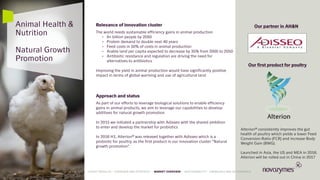 Relevance of innovation cluster
The world needs sustainable efficiency gains in animal production
• 9+ billion people by 2050
• Protein demand to double next 40 years
• Feed costs in 50% of costs in animal production
• Arable land per capita expected to decrease by 35% from 2000 to 2050
• Antibiotic resistance and regulation are driving the need for
alternatives to antibiotics
Improving the yield in animal production would have significantly positive
impact in terms of global warming and use of agricultural land
3838
Approach and status
As part of our efforts to leverage biological solutions to enable efficiency
gains in animal products, we aim to leverage our capabilities to develop
additives for natural growth promotion
In 2015 we initiated a partnership with Adisseo with the shared ambition
to enter and develop the market for probiotics
In 2016 H1, Alterion® was released together with Adisseo which is a
probiotic for poultry, as the first product in our innovation cluster “Natural
growth promotion”.
Alterion® consistently improves the gut
health of poultry which yields a lower Feed
Conversion Ratio (FCR) and increase Body
Weight Gain (BWG).
Launched in Asia, the US and MEA in 2016.
Alterion will be rolled out in China in 2017
Animal Health &
Nutrition
Natural Growth
Promotion
Our partner in AH&N
Our first product for poultry
38
LATEST RESULTS • OVERVIEW AND STRATEGY • MARKET OVERVIEW • SUSTAINABILITY • FINANCIALS AND GOVERNANCE
 