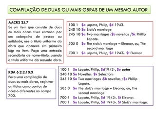COMPILAÇÃO DE DUAS OU MAIS OBRAS DE UM MESMO AUTOR
AACR2 25.7
Se um ítem que consiste de duas
ou mais obras tiver entrada por
um cabeçalho de pessoa ou
entidade, use o título uniforme da
obra que aparece em primeiro
lugr no ítem. Faça uma entrada
secundária de nome-título, usando
o título uniforme da secunda obra.
100 1 $a Lopate, Philip, $d 1943-
240 10 $a Stoic’s marriage
245 10 $a Two marriages :$b novellas /$c Phillip
Lopate.
505 0 $a The stoic’s marriage – Eleanor, ou, The
second marriage
700 1 $a Lopate, Philip, $d 1943-. $t Eleanor
RDA 6.2.2.10.3
Para uma compilação de
duas ou mais obras, registrar
os títulos como pontos de
acesso diferentes no campo
700.
100 1 $a Lopate, Philip, $d1943-, $e autor
240 10 $a Novellas. $k Selections
245 10 $a Two marriages :$b novellas /$c Phillip
Lopate.
505 0 $a The stoic’s marriage – Eleanor, ou, The
second marriage
700 1 $a Lopate, Philip, $d 1943-. $t Eleanor.
700 1 $a Lopate, Philip, $d 1943-. $t Stoic’s marriage.
 