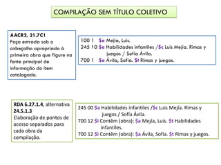 COMPILAÇÃO SEM TÍTULO COLETIVO
AACR2, 21.7C1
Faça entrada sob o
cabeçalho apropriado à
primeira obra que figure na
fonte principal de
informação do ítem
catalogado.
100 1 $a Mejía, Luis.
245 10 $a Habilidades infantiles /$c Luis Mejía. Rimas y
juegos / Sofía Ávila.
700 1 $a Ávila, Sofía. $t Rimas y juegos.
RDA 6.27.1.4, alternativa
24.5.1.3
Elaboração de pontos de
acesso separados para
cada obra da
compilação.
245 00 $a Habilidades infantiles /$c Luis Mejía. Rimas y
juegos / Sofía Ávila.
700 12 $i Contêm (obra): $a Mejía, Luis. $t Habilidades
infantiles.
700 12 $i Contêm (obra): $a Ávila, Sofía. $t Rimas y juegos.
 