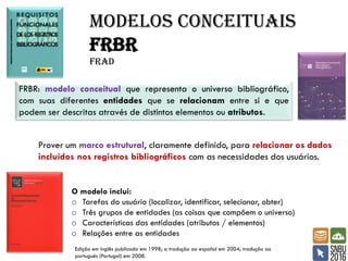 Modelos conceituais
Frbr
Frad
Edição em inglês publicada em 1998; a tradução ao español em 2004; tradução ao
portugués (Portugal) em 2008.
FRBR: modelo conceitual que representa o universo bibliográfico,
com suas diferentes entidades que se relacionam entre si e que
podem ser descritas através de distintos elementos ou atributos.
O modelo inclui:
o Tarefas do usuário (localizar, identificar, selecionar, obter)
o Três grupos de entidades (as coisas que compõem o universo)
o Características das entidades (atributos / elementos)
o Relações entre as entidades
Prover um marco estrutural, claramente definido, para relacionar os dados
incluídos nos registros bibliográficos com as necessidades dos usuários.
 