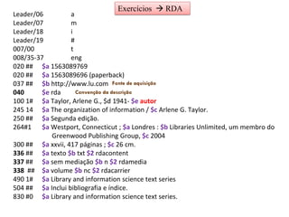 Leader/06 a
Leader/07 m
Leader/18 i
Leader/19 #
007/00 t
008/35-37 eng
020 ## $a 1563089769
020 ## $a 1563089696 (paperback)
037 ## $b http://www.lu.com
040 $e rda
100 1# $a Taylor, Arlene G., $d 1941- $e autor
245 14 $a The organization of information / $c Arlene G. Taylor.
250 ## $a Segunda edição.
264#1 $a Westport, Connecticut ; $a Londres : $b Libraries Unlimited, um membro do
Greenwood Publishing Group, $c 2004
300 ## $a xxvii, 417 páginas ; $c 26 cm.
336 ## $a texto $b txt $2 rdacontent
337 ## $a sem mediação $b n $2 rdamedia
338 ## $a volume $b nc $2 rdacarrier
490 1# $a Library and information science text series
504 ## $a Inclui bibliografia e índice.
830 #0 $a Library and information science text series.
Exercícios  RDA
Fonte de aquisição
Convenção da descrição
 