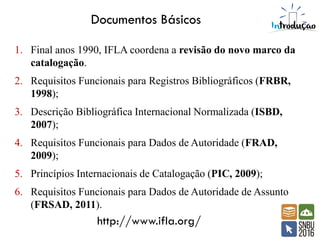 1. Final anos 1990, IFLA coordena a revisão do novo marco da
catalogação.
2. Requisitos Funcionais para Registros Bibliográficos (FRBR,
1998);
3. Descrição Bibliográfica Internacional Normalizada (ISBD,
2007);
4. Requisitos Funcionais para Dados de Autoridade (FRAD,
2009);
5. Princípios Internacionais de Catalogação (PIC, 2009);
6. Requisitos Funcionais para Dados de Autoridade de Assunto
(FRSAD, 2011).
http://www.ifla.org/
Documentos Básicos
 