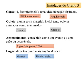 Entidades do Grupo 3
Lugar, direção com o mais amplo alcance
Conceito, faz referência a uma idea ou noção abstracta.
Objeto, a uma coisa material, incluí tanto objetos
animados como inanimados.
Acontecimento, concebido como um evento ou uma
ação ou ocorrência.
Biblioteconomia Arquivologia
Estante Granito
Jogos Olímpicos, 2016
Manaus Rio de Janeiro
 