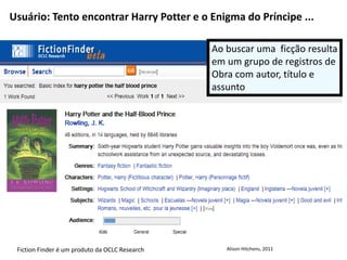 Usuário: Tento encontrar Harry Potter e o Enigma do Príncipe ...
Ao buscar uma ficção resulta
em um grupo de registros de
Obra com autor, título e
assunto
Fiction Finder é um produto da OCLC Research Alison Hitchens, 2011
 