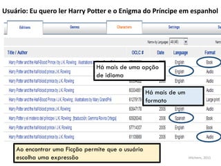 Usuário: Eu quero ler Harry Potter e o Enigma do Príncipe em espanhol
Há mais de uma opção
de idioma
Há mais de um
formato
Ao encontrar uma Ficção permite que o usuário
escolha uma expressão Hitchens, 2011
 