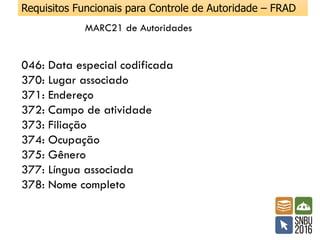 Requisitos Funcionais para Controle de Autoridade – FRAD
046: Data especial codificada
370: Lugar associado
371: Endereço
372: Campo de atividade
373: Filiação
374: Ocupação
375: Gênero
377: Língua associada
378: Nome completo
MARC21 de Autoridades
 